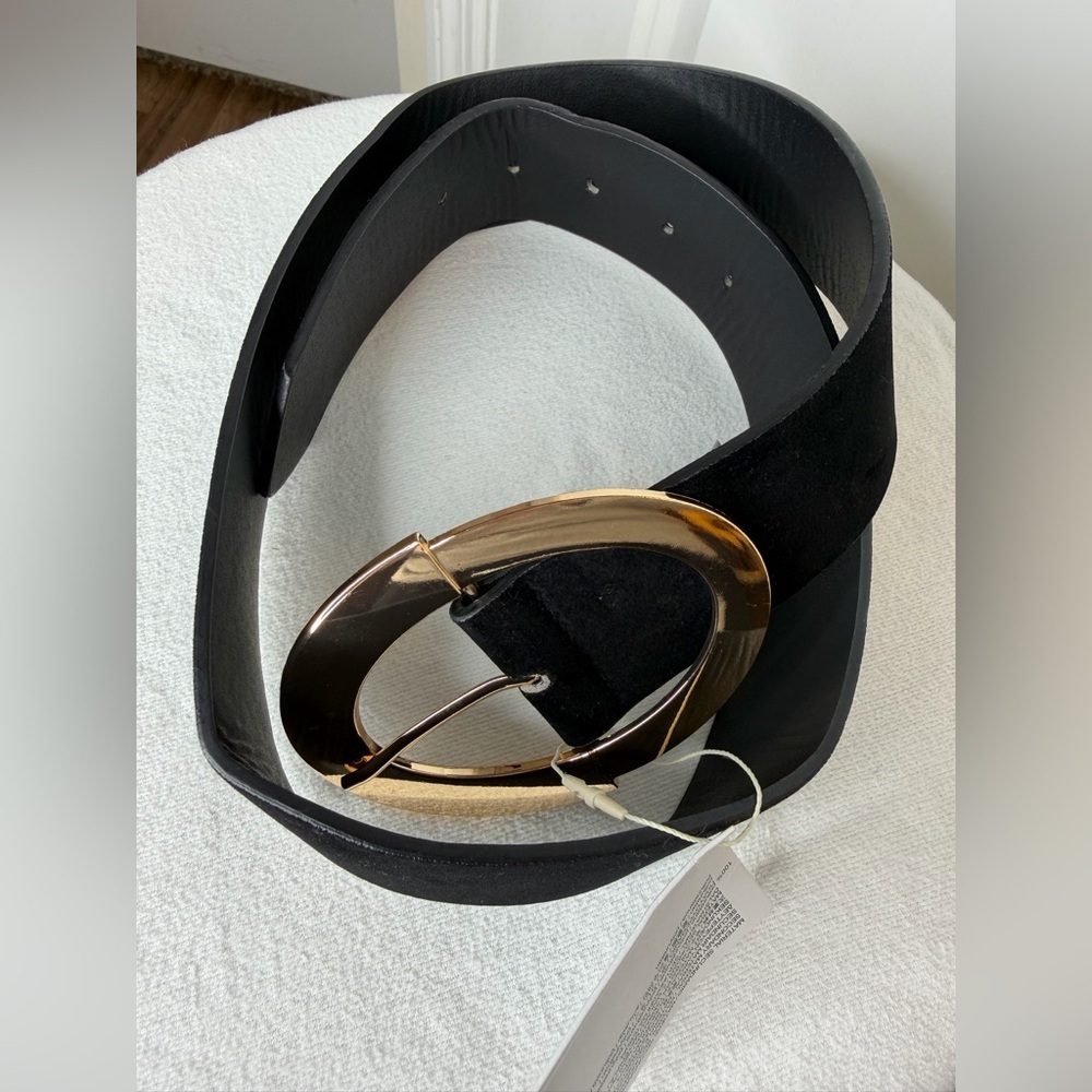 ZARA Black Suede Waist Belt Gold Oval Buckle Wide‎ Statement Belt - Picture 5 of 11